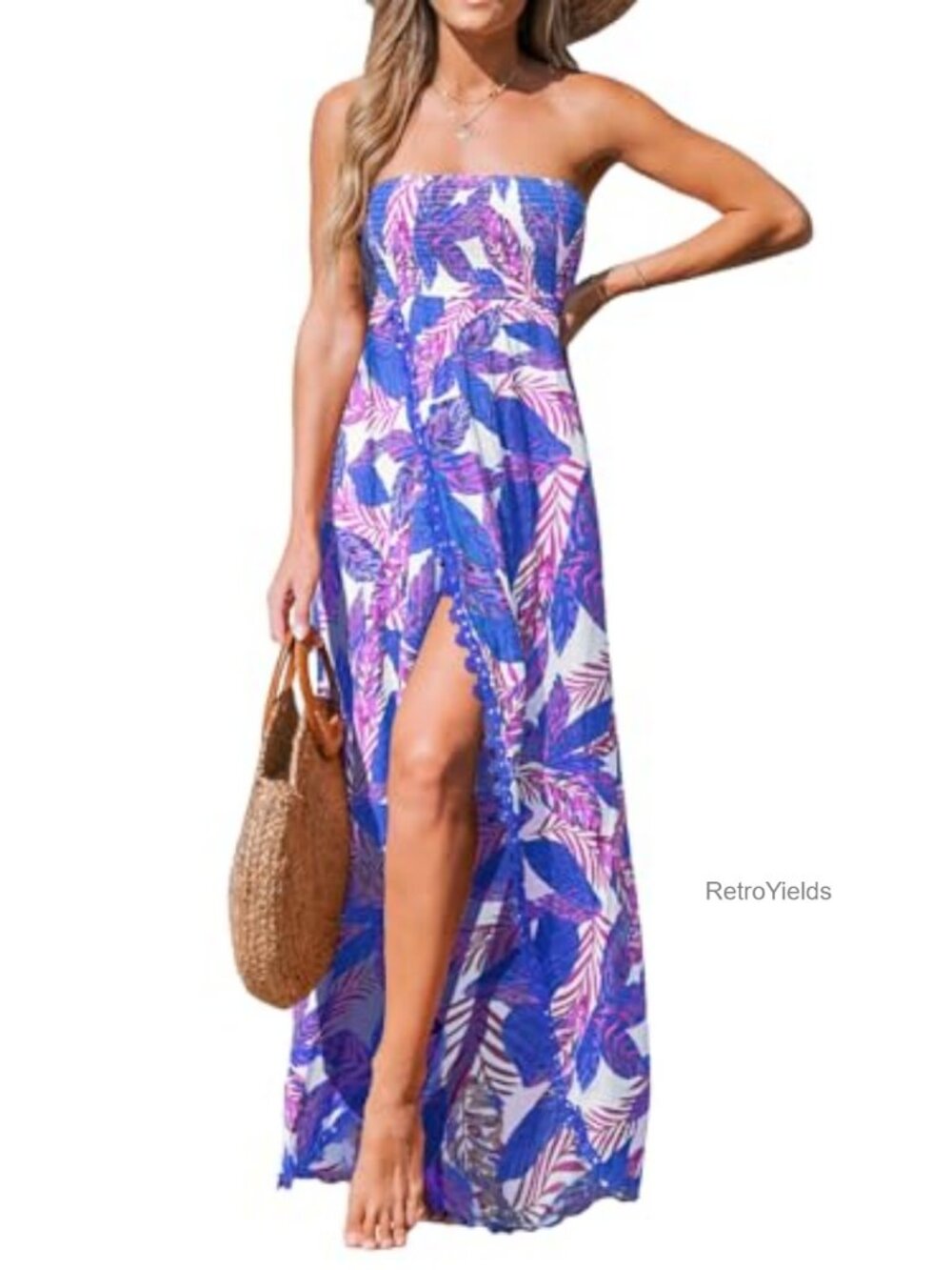 CUPSHE Maxi Dress Sleeveless Lace Smocked Strapless Slit Summer Formal